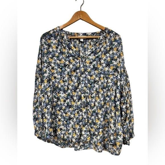 J.Jill Smocked Relaxed Rayon Blouse Navy Blue Ditsy Floral Print XL Long Sleeved - Picture 2 of 7